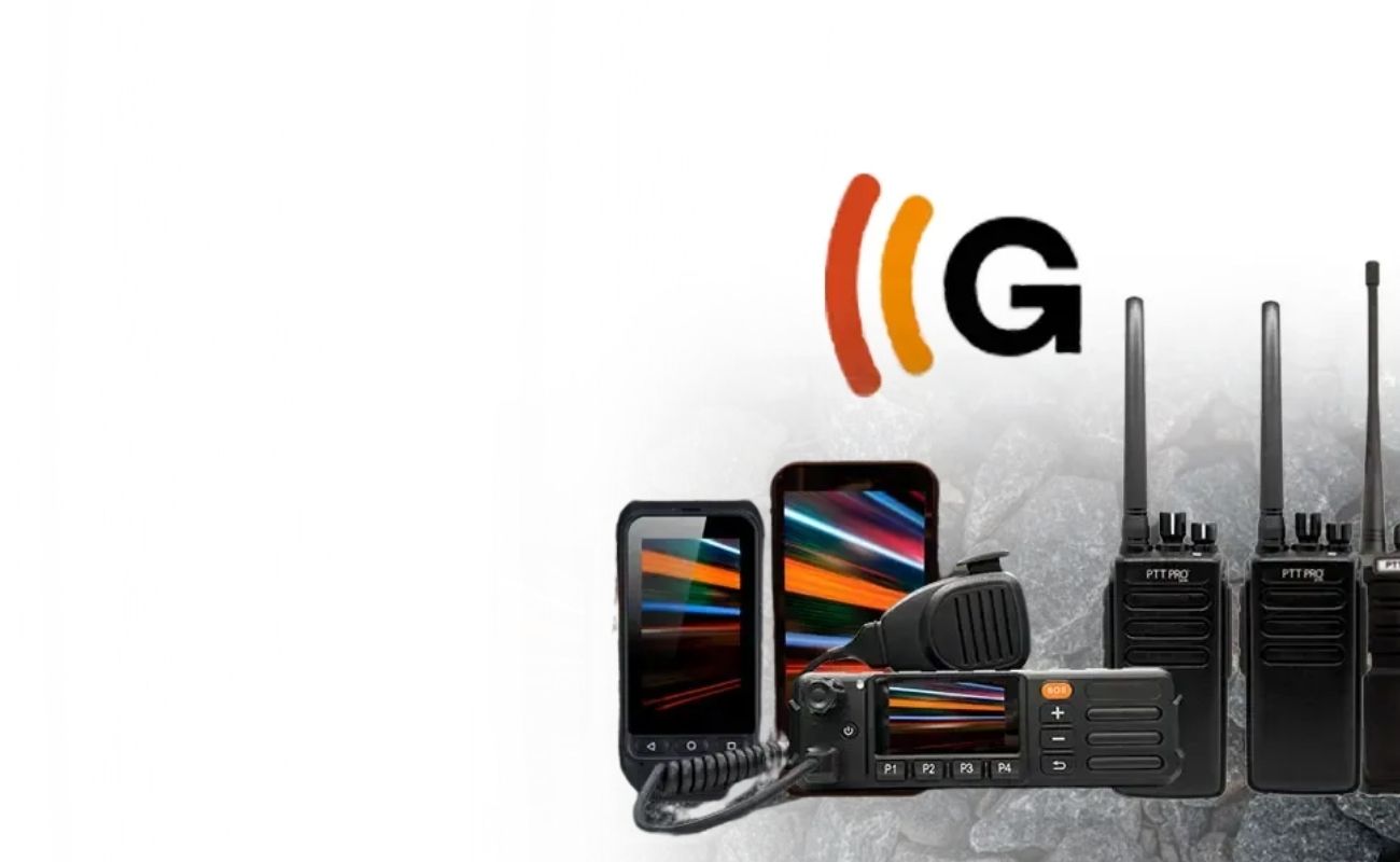 Variedad de dispositivos de radiocomunicación de uso rudo de la marca Galileo, incluyendo radios PTT y equipos móviles especializados, con el logo de Galileo de fondo.