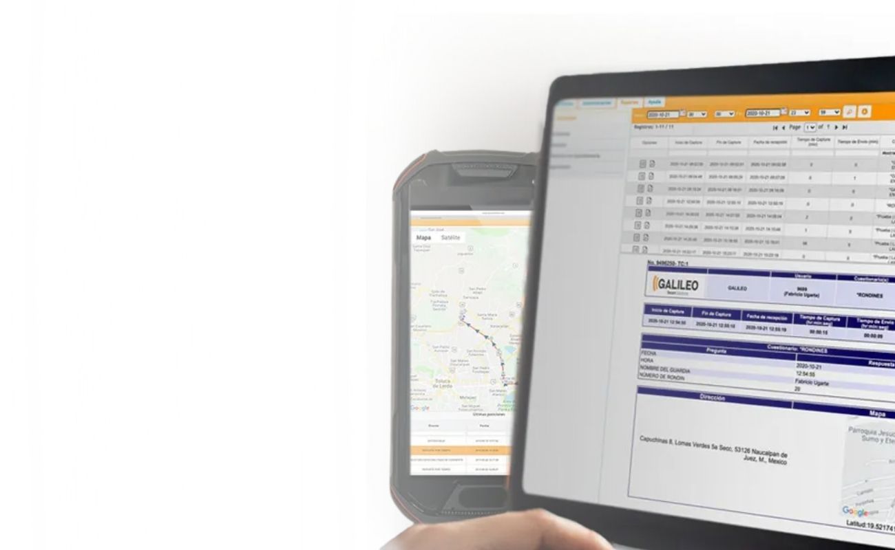 Una persona mostrando una laptop y un radio de uso rudo con la plataforma de Galileo, que muestra un reporte detallado de geolocalización, tareas y estatus de guardias.