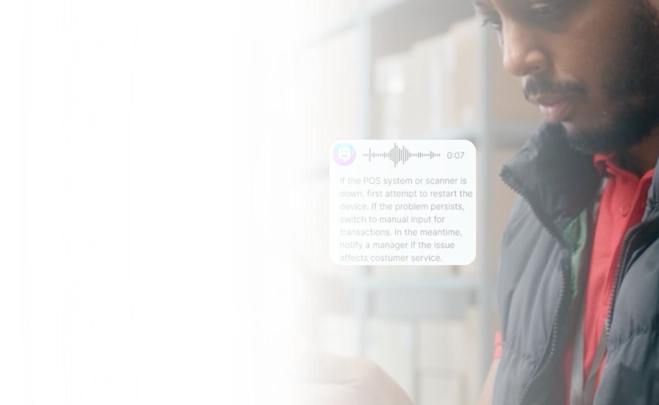 Trabajador de primera línea utilizando herramientas de IA y comunicación por voz de Zello para mejorar la eficiencia y seguridad operativa.